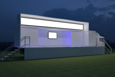 3D dış kamyon Mobil Sahne'nin olay tv ışık gece hazırlama illüstrasyon render yol açtı.