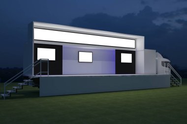 3D dış kamyon Mobil Sahne'nin olay tv ışık gece hazırlama illüstrasyon render yol açtı.