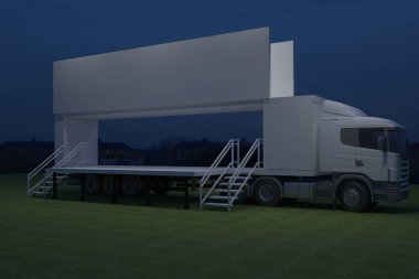 3D dış kamyon Mobil Sahne'nin olay tv ışık gece hazırlama illüstrasyon render yol açtı.