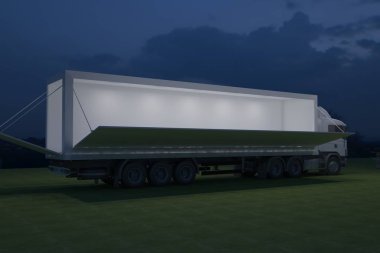 3D dış kamyon Mobil Sahne'nin olay tv ışık gece hazırlama illüstrasyon render yol açtı.