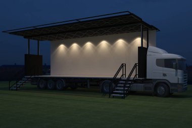3D dış kamyon Mobil Sahne'nin olay tv ışık gece hazırlama illüstrasyon render yol açtı.
