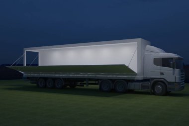 3D dış kamyon Mobil Sahne'nin olay tv ışık gece hazırlama illüstrasyon render yol açtı.