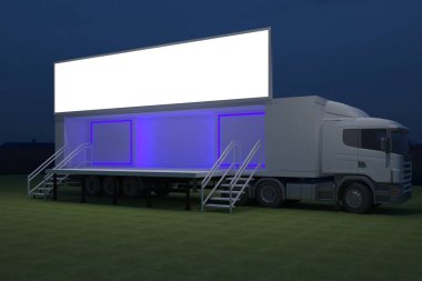 3D dış kamyon Mobil Sahne'nin olay tv ışık gece hazırlama illüstrasyon render yol açtı.