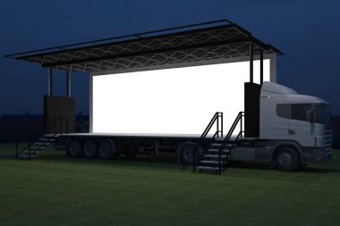 3D dış kamyon Mobil Sahne'nin olay tv ışık gece hazırlama illüstrasyon render yol açtı.