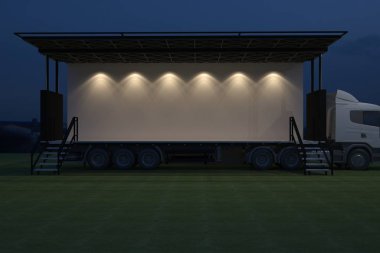 3D dış kamyon Mobil Sahne'nin olay tv ışık gece hazırlama illüstrasyon render yol açtı.