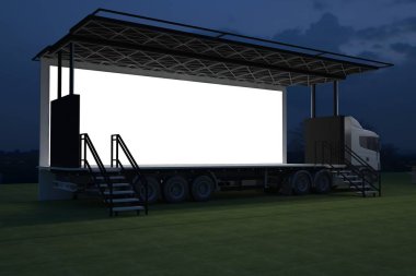 3D dış kamyon Mobil Sahne'nin olay tv ışık gece hazırlama illüstrasyon render yol açtı.