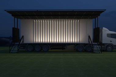 3D dış kamyon Mobil Sahne'nin olay tv ışık gece hazırlama illüstrasyon render yol açtı.