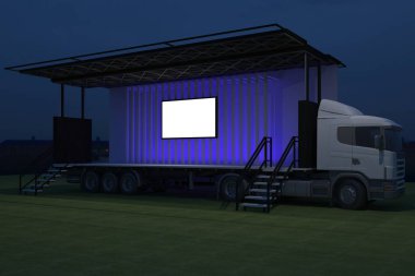 3D dış kamyon Mobil Sahne'nin olay tv ışık gece hazırlama illüstrasyon render yol açtı.