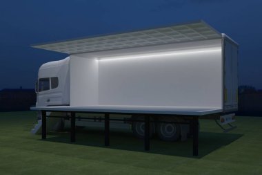 3D dış kamyon Mobil Sahne'nin olay tv ışık gece hazırlama illüstrasyon render yol açtı.