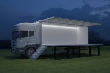 3D dış kamyon Mobil Sahne'nin olay tv ışık gece hazırlama illüstrasyon render yol açtı.