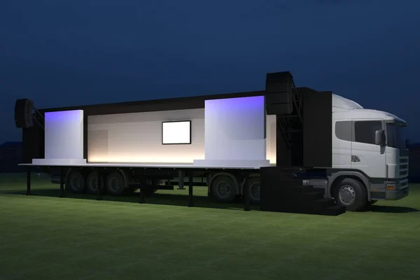 3D Exterior truck mobile stage event led tv light night staging render illustration