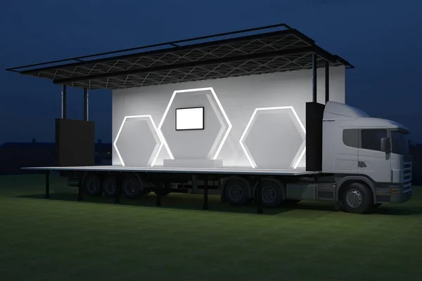 Exterieur Vrachtwagen Mobiel Podium Gebeurtenis Leidde Licht Nacht Enscenering Renderen — Stockfoto