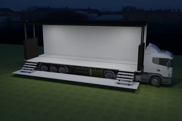 3D dış kamyon Mobil Sahne'nin olay tv ışık gece hazırlama illüstrasyon render yol açtı.