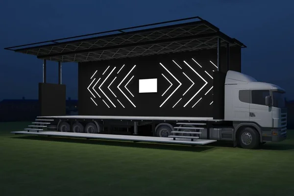 Exterieur Vrachtwagen Mobiel Podium Gebeurtenis Leidde Licht Nacht Enscenering Renderen — Stockfoto