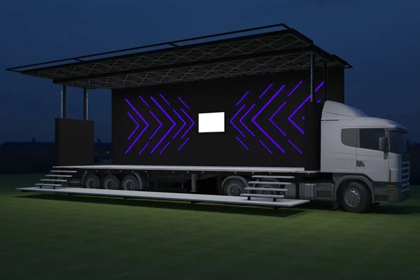 Exterieur Vrachtwagen Mobiel Podium Gebeurtenis Leidde Licht Nacht Enscenering Renderen — Stockfoto