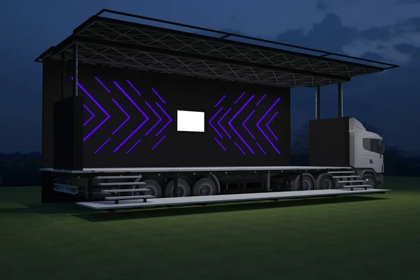 3D Exterior truck mobile stage event led tv light night staging render illustration