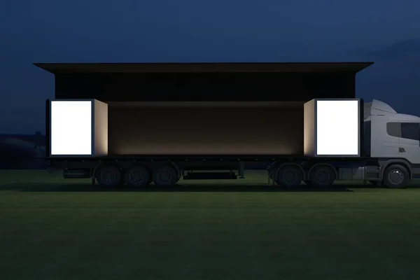 3D Exterior truck mobile stage event led tv light night staging render illustration