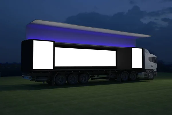 Exterieur Vrachtwagen Mobiel Podium Gebeurtenis Leidde Licht Nacht Enscenering Renderen — Stockfoto