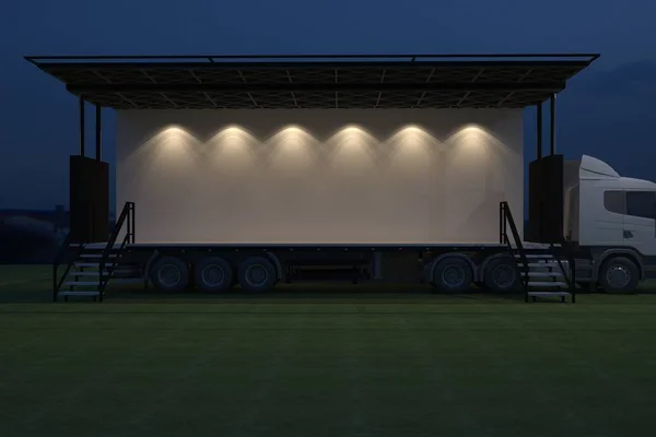 3D Exterior truck mobile stage event led tv light night staging render illustration