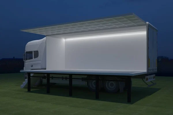 Exterieur Vrachtwagen Mobiel Podium Gebeurtenis Leidde Licht Nacht Enscenering Renderen — Stockfoto