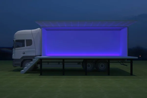 Exterieur Vrachtwagen Mobiel Podium Gebeurtenis Leidde Licht Nacht Enscenering Renderen — Stockfoto