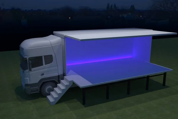3D Exterior truck mobile stage event led tv light night staging render illustration