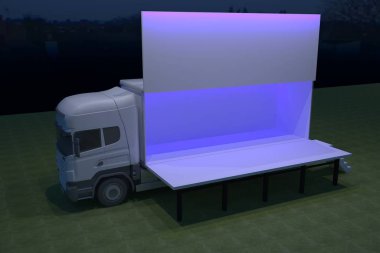 3D dış kamyon Mobil Sahne'nin olay tv ışık gece hazırlama illüstrasyon render yol açtı.