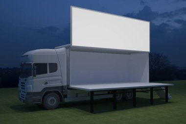 3D dış kamyon Mobil Sahne'nin olay tv ışık gece hazırlama illüstrasyon render yol açtı.