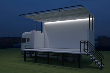3D dış kamyon Mobil Sahne'nin olay tv ışık gece hazırlama illüstrasyon render yol açtı.