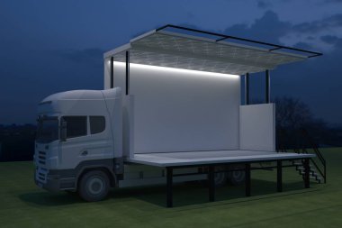 3D dış kamyon Mobil Sahne'nin olay tv ışık gece hazırlama illüstrasyon render yol açtı.