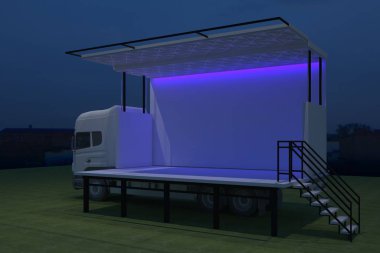 3D dış kamyon Mobil Sahne'nin olay tv ışık gece hazırlama illüstrasyon render yol açtı.