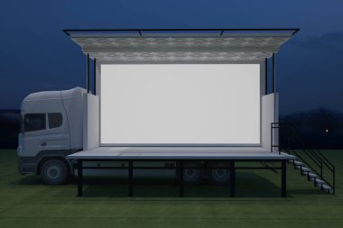 3D dış kamyon Mobil Sahne'nin olay tv ışık gece hazırlama illüstrasyon render yol açtı.