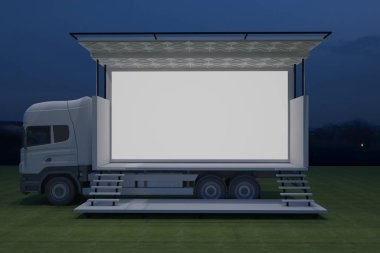 3D dış kamyon Mobil Sahne'nin olay tv ışık gece hazırlama illüstrasyon render yol açtı.
