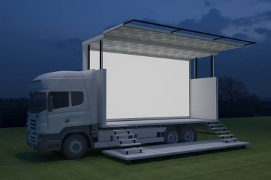 3D dış kamyon Mobil Sahne'nin olay tv ışık gece hazırlama illüstrasyon render yol açtı.