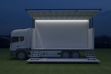 3D dış kamyon Mobil Sahne'nin olay tv ışık gece hazırlama illüstrasyon render yol açtı.