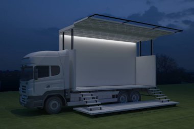 3D dış kamyon Mobil Sahne'nin olay tv ışık gece hazırlama illüstrasyon render yol açtı.