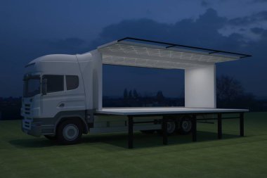 3D dış kamyon Mobil Sahne'nin olay tv ışık gece hazırlama illüstrasyon render yol açtı.