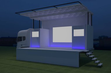 3D dış kamyon Mobil Sahne'nin olay tv ışık gece hazırlama illüstrasyon render yol açtı.