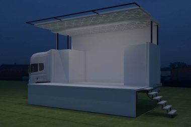 3D dış kamyon Mobil Sahne'nin olay tv ışık gece hazırlama illüstrasyon render yol açtı.