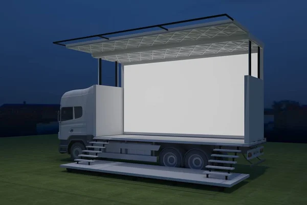 Exterieur Vrachtwagen Mobiel Podium Gebeurtenis Leidde Licht Nacht Enscenering Renderen — Stockfoto