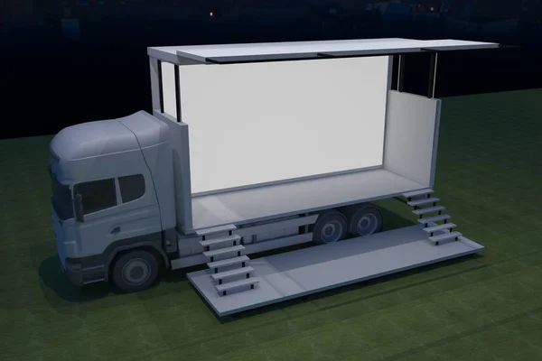 Exterieur Vrachtwagen Mobiel Podium Gebeurtenis Leidde Licht Nacht Enscenering Renderen — Stockfoto