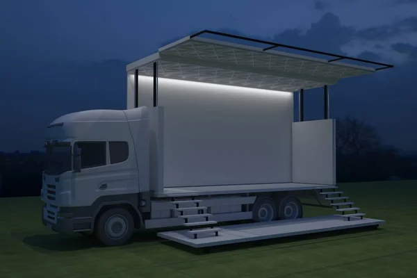 Exterior Caminhão Móvel Palco Evento Levou Luz Noite Encenação Renderizar — Fotografia de Stock