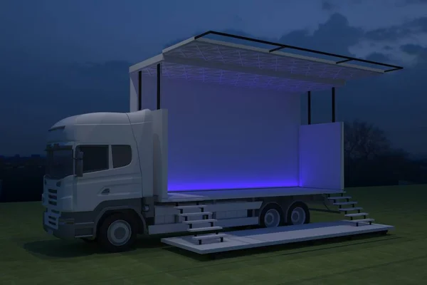 3D dış kamyon Mobil Sahne'nin olay tv ışık gece hazırlama illüstrasyon render yol açtı.
