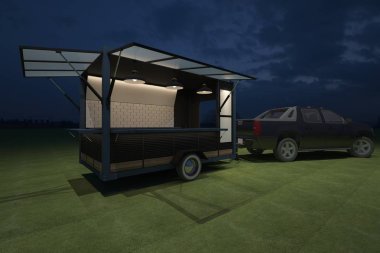 Gıda kamyon Köşk Cafe tasarımı, 3d render illüstrasyon