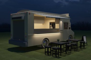 Gıda kamyon Köşk Cafe tasarımı, 3d render illüstrasyon