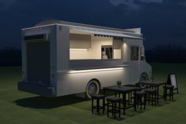 Gıda kamyon Köşk Cafe tasarımı, 3d render illüstrasyon
