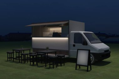 Gıda kamyon Köşk Cafe tasarımı, 3d render illüstrasyon