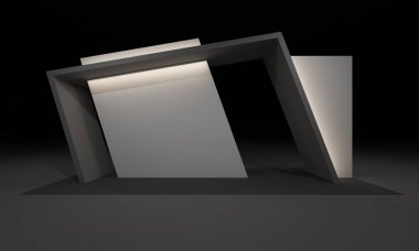 3D render, kapı giriş Booth Sergi tasarım konsepti iç illüstrasyon