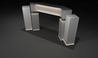 3D render, kapı giriş Booth Sergi tasarım konsepti iç illüstrasyon