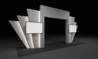 3D render, kapı giriş Booth Sergi tasarım konsepti iç illüstrasyon